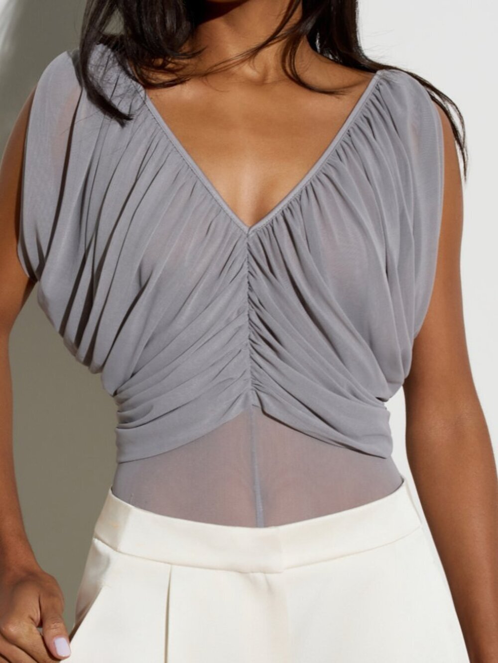 Grey Draped Ruched Women's Sleeveless Bodysuit with Mesh Bottom Panel